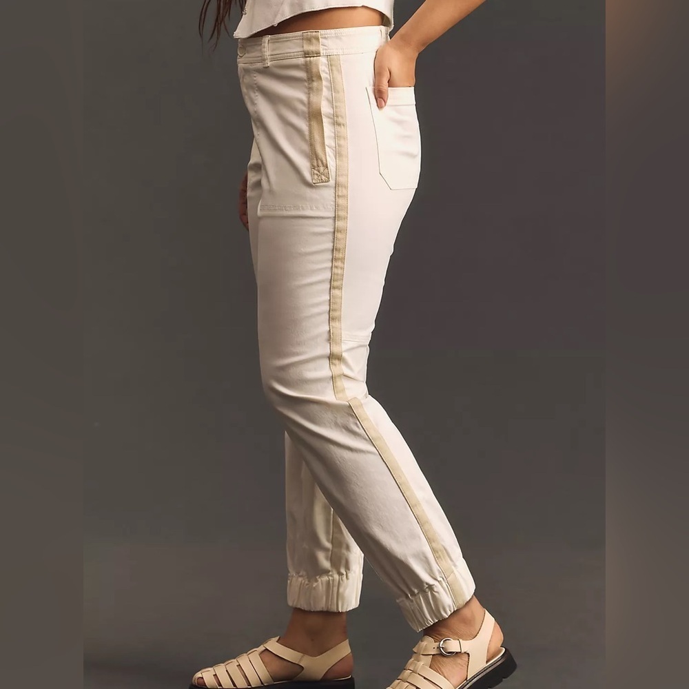 Anthropologie Cream Track Joggers with Tan Side Stripe